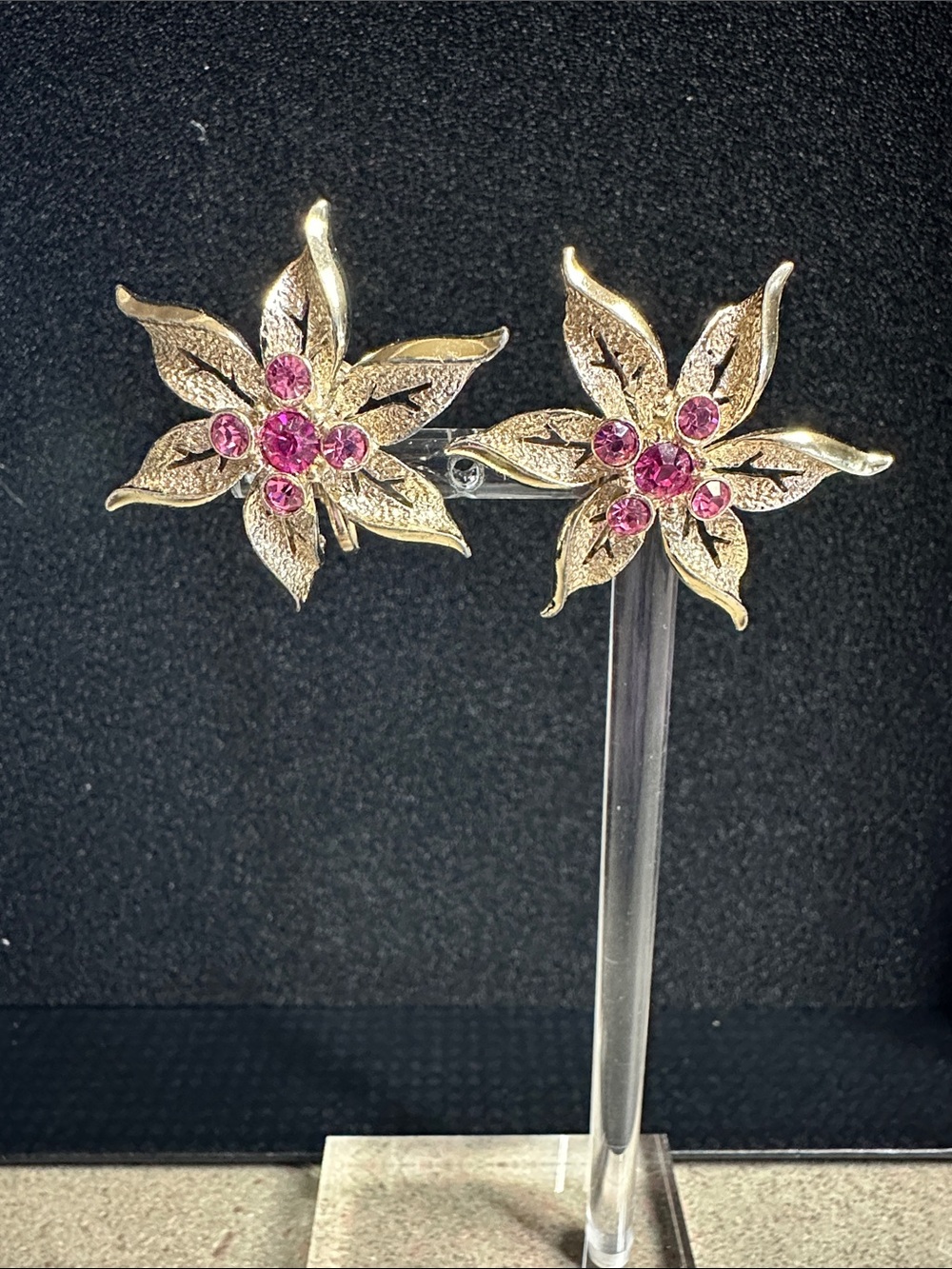 Vintage Sarah Coventry Fashion Flower Clip-On Earrings with Pink Crystals